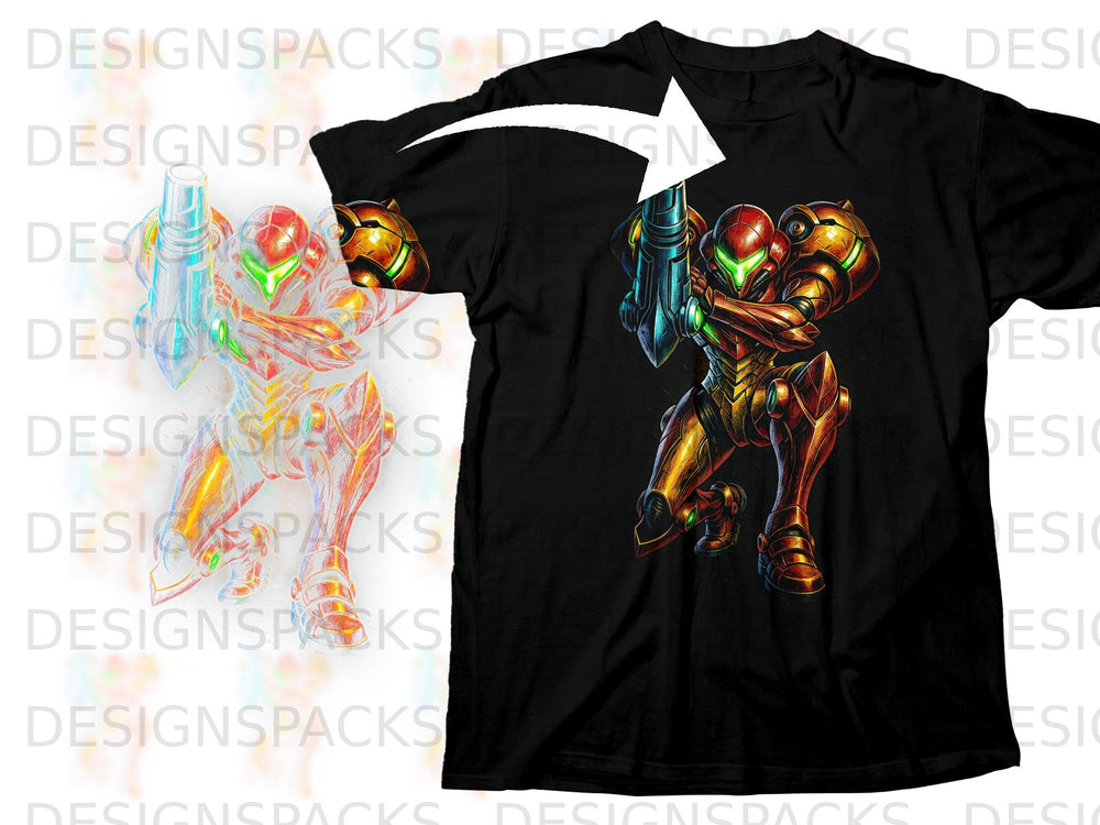 Samus Aran in power suit on black t-shirt with arrow overlay.