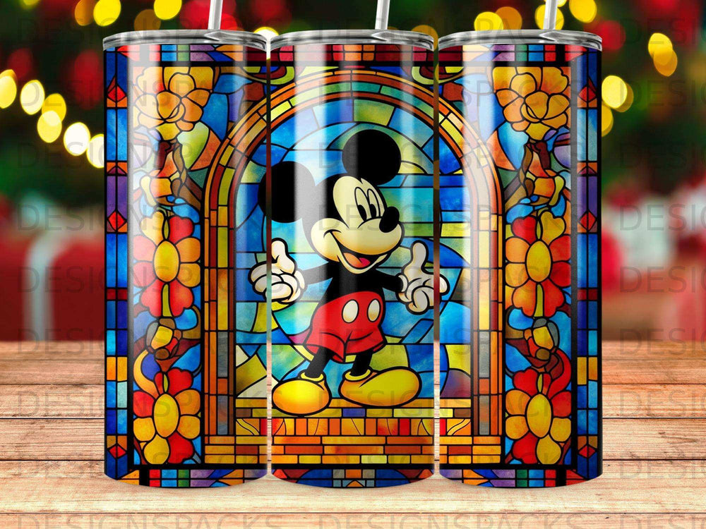 Mickey Mouse in stained glass window design on a tumbler.
