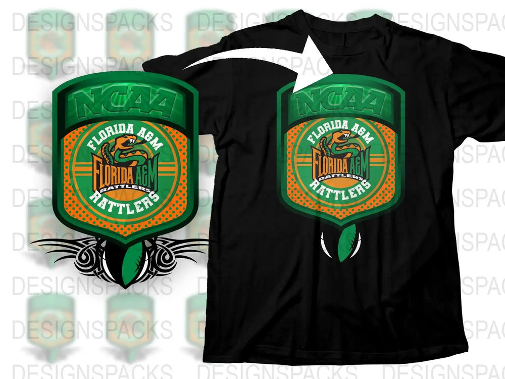 Florida AandM Rattler NCAA Graphic T-Shirt, College Sports Fan Apparel, Green Orange Black Tee
