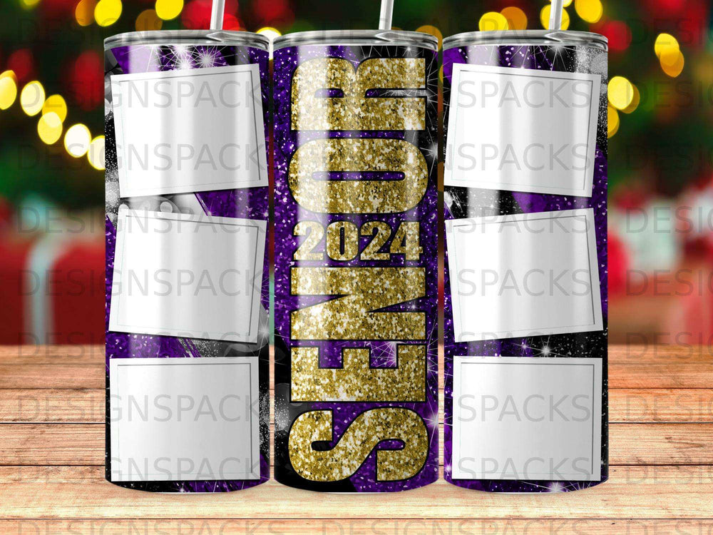 Tumbler with "SENIOR 2024" in gold glitter on purple background.