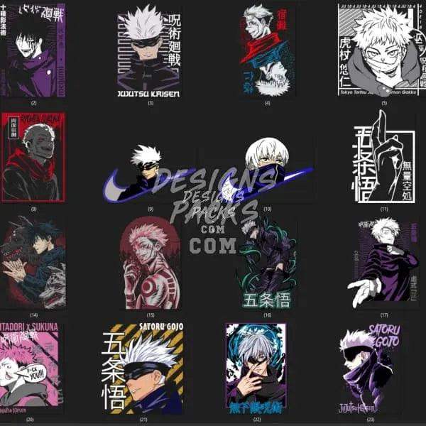 Anime character designs for DTF/DTG and embroidery, featuring vibrant colors and dynamic poses.