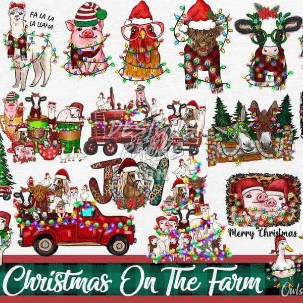 Christmas on the Farm: festive animals in Santa hats, lights, and holiday scenes for DTF, DTG, embroidery designs