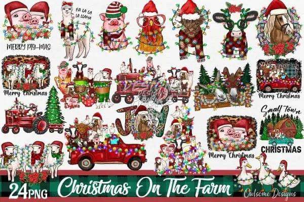 Christmas on the Farm design bundle with festive pigs, reindeer, tractors, and holiday scenes for DTF/DTG printing