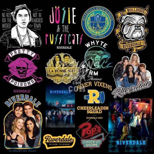 Riverdale-themed designs including logos, characters, and quotes for DTF, DTG, and embroidery