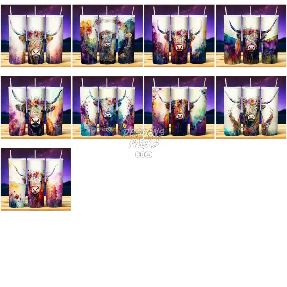 24 Highland Cow Colorful Tumbler Wrap Bundle Jpg