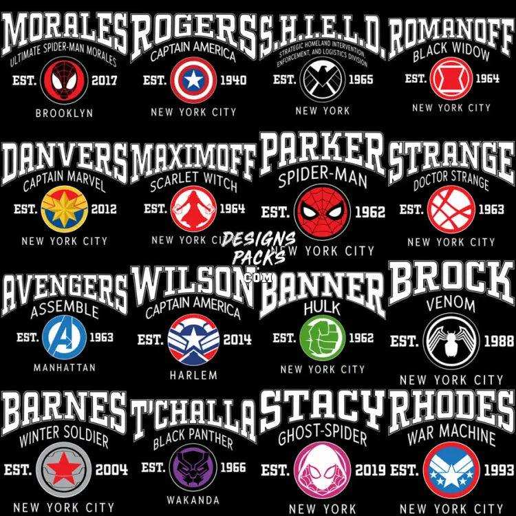 24 Super Heroes Streetwear College Style Designs Bundle Png