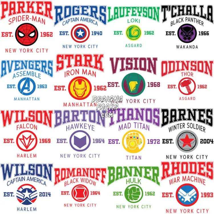 24 Super Heroes Streetwear College Style Designs Bundle Png