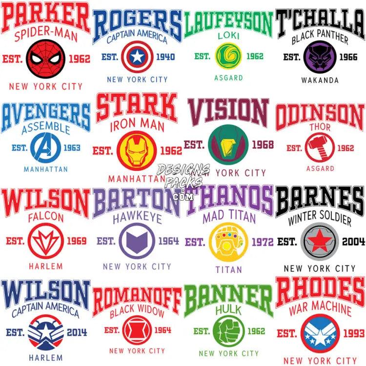 24 Super Heroes Streetwear College Style Designs Bundle Png