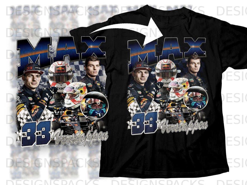 Max Verstappen graphic with racing helmets, race car, and checkered flags.