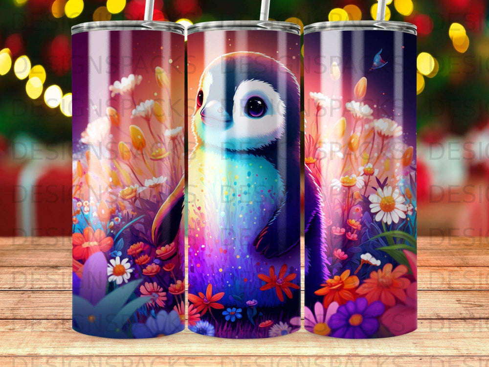 Colorful penguin among blooming flowers and foliage.