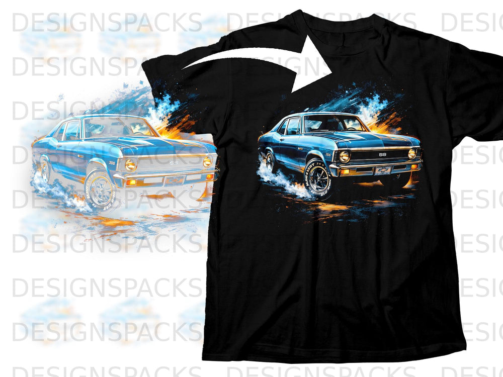 Black t-shirt featuring a dynamic blue muscle car graphic with smoke and flame effects.