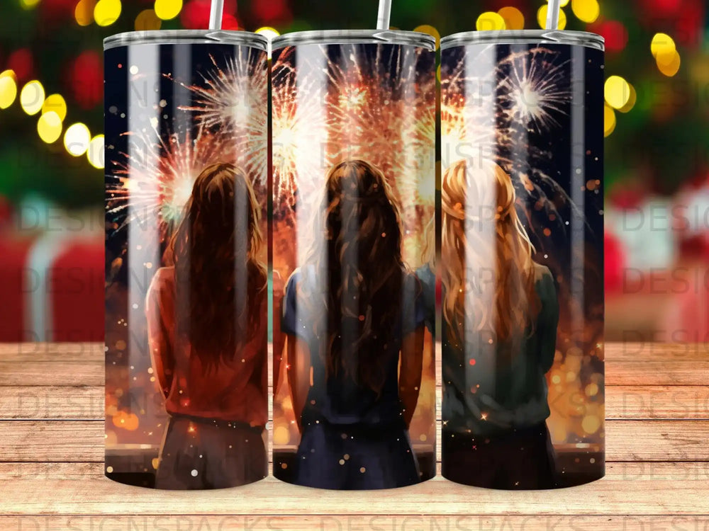 Three tumblers with fireworks and women looking away.