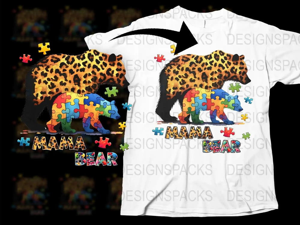 Mama Bear Puzzle Print T-Shirt, Colorful Autism Awareness Graphic Tee, Unique Animal Pattern Top for Women