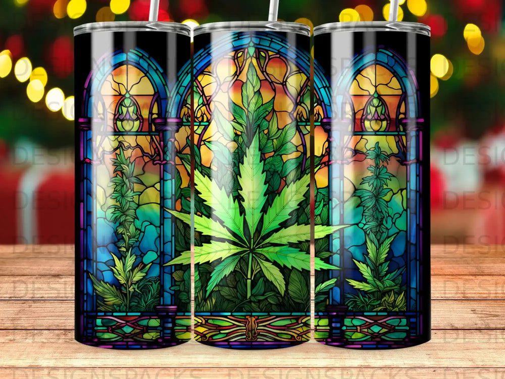 Stained glass window pattern featuring a cannabis leaf with colorful floral motifs.