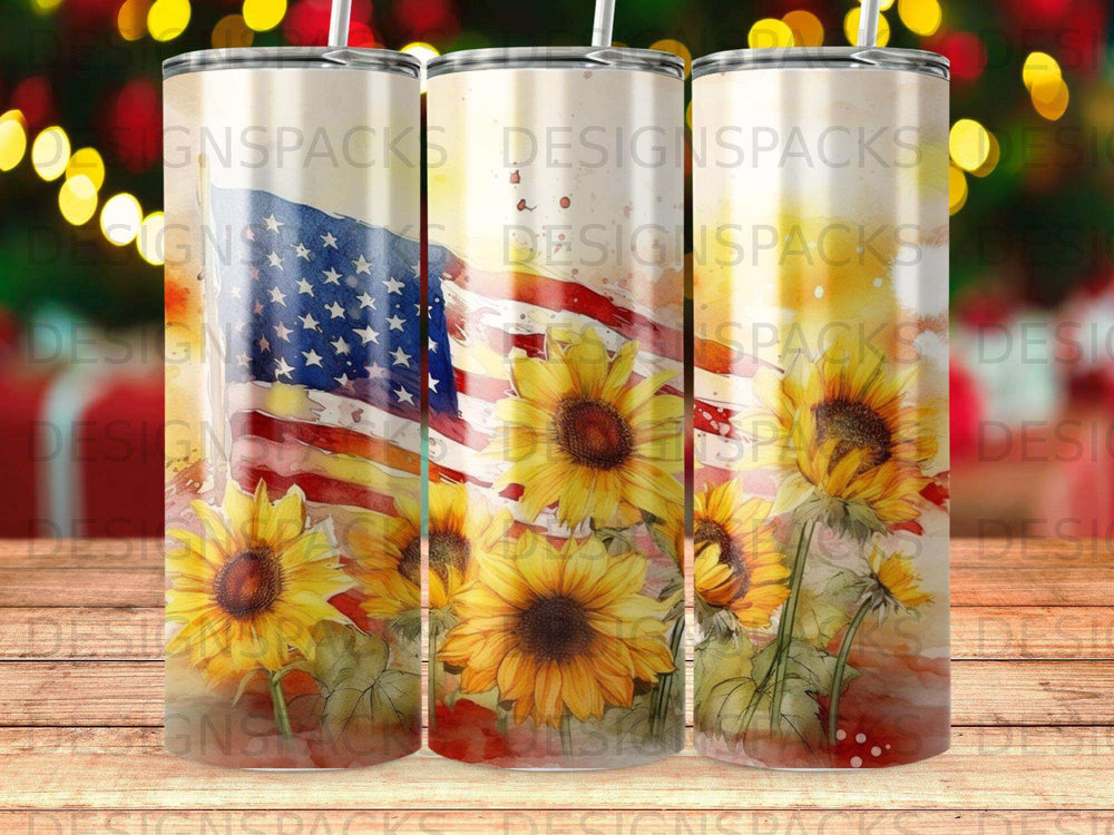 Sunflower and American flag design on a tumbler.