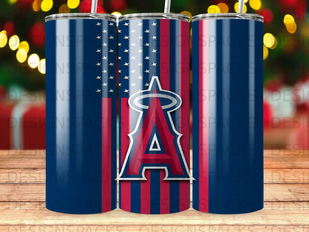Los Angeles Angels logo on a US flag themed tumbler.