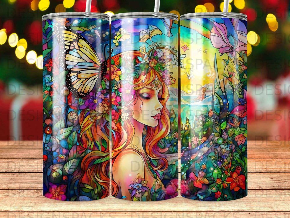 Woman with butterfly crown and colorful floral nature background.