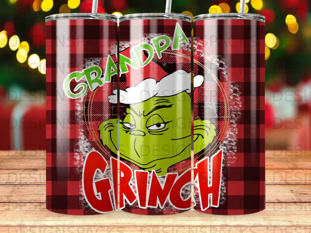 The Grinch wearing a Santa hat, with "Grandpa" and "Grinch" text on a plaid background.