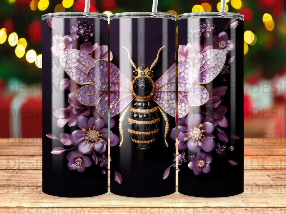 Glittery bee with purple flowers on a dark striped background.