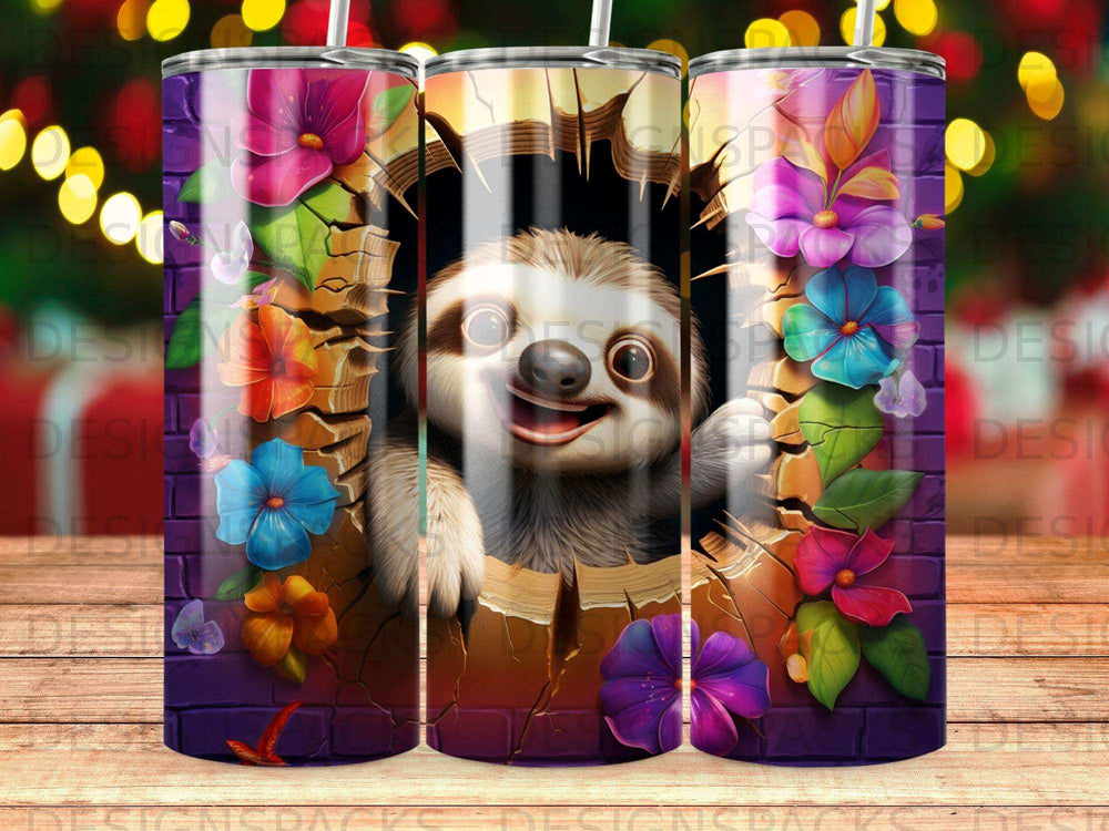 Sloth peeking through broken wall with colorful flowers, close-up.