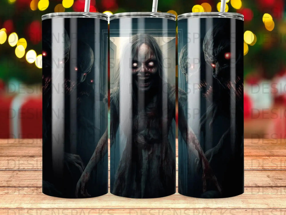 Scary ghost girl with glowing eyes between two demons, creepy Halloween design.