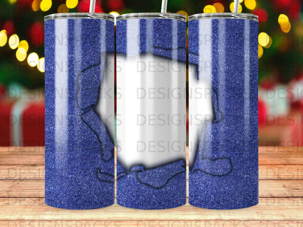 Blue glitter tumbler with white abstract stripe design.