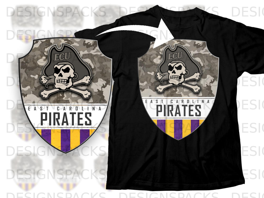 East Carolina Pirates shield logo with skull, crossbones, and camouflage on a black t-shirt.