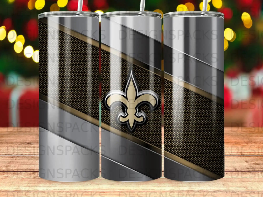 New Orleans Saints logo on a silver and black striped tumbler.