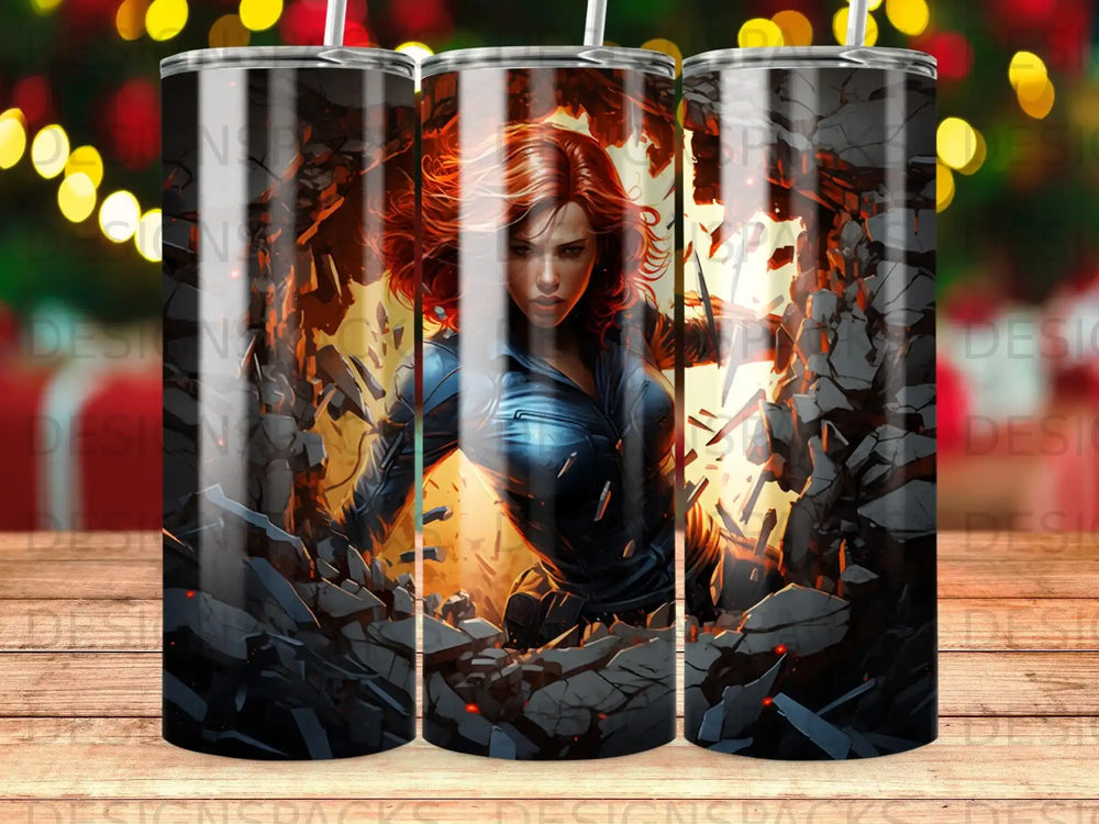 Black Widow breaking through a wall, superhero illustration.