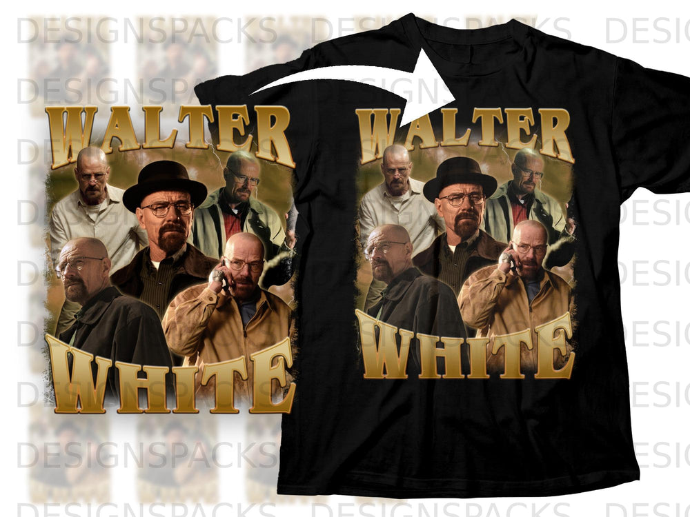 Collage of Walter White with "WALTER WHITE" text on a black t-shirt.