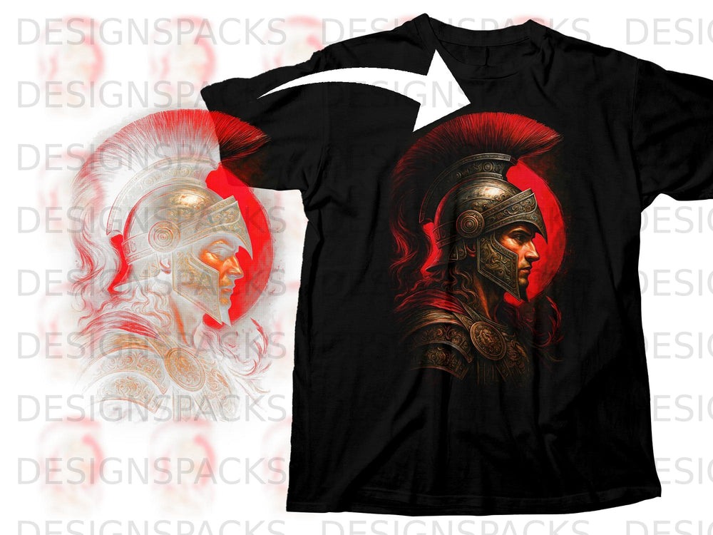 Black t-shirt featuring a detailed illustration of a Roman warrior's helmet and face.