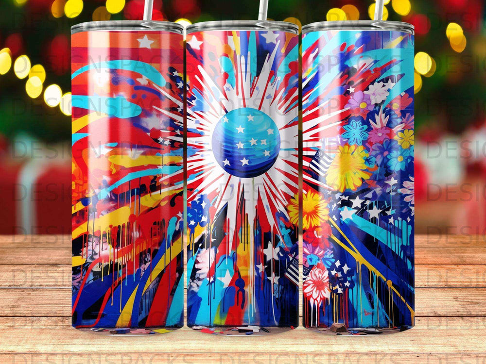 Red, white, and blue patriotic tumbler with fireworks and floral designs.