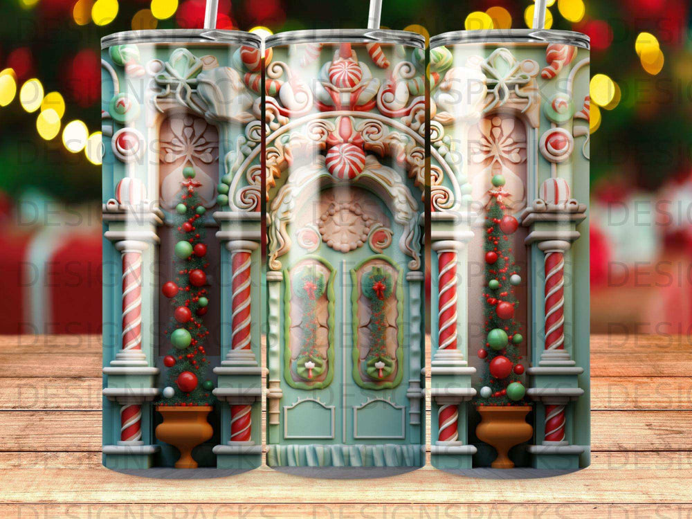 Festive Christmas door with candy canes and ornaments, set on a tumbler.