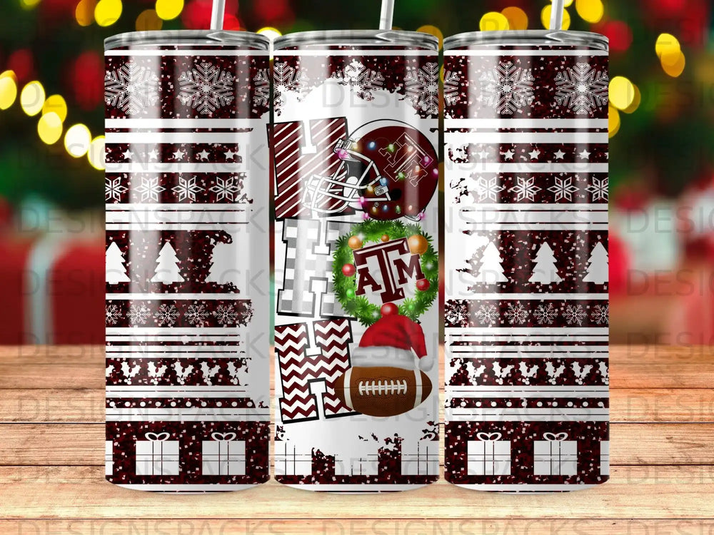 Holiday tumbler with maroon "HO HO HO" and football graphic.