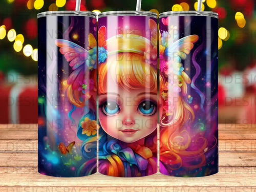 Fantasy girl with colorful wings and vibrant hair on a themed tumbler.