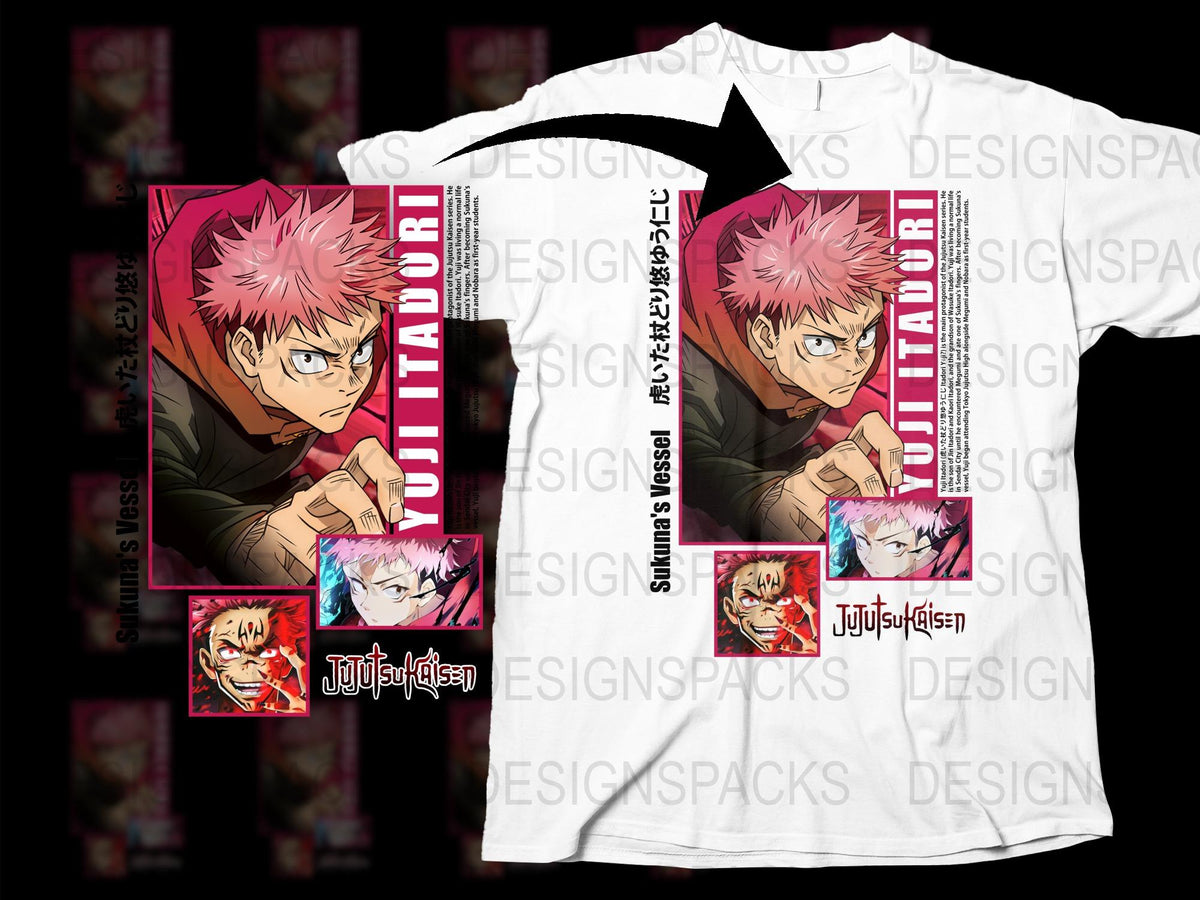 Jujutsu Kaisen Anime T-Shirt, Yuji Itadori Graphic Tee, Unisex Manga Shirt, Fan Merchandise, Vibrant Pink and White Colors