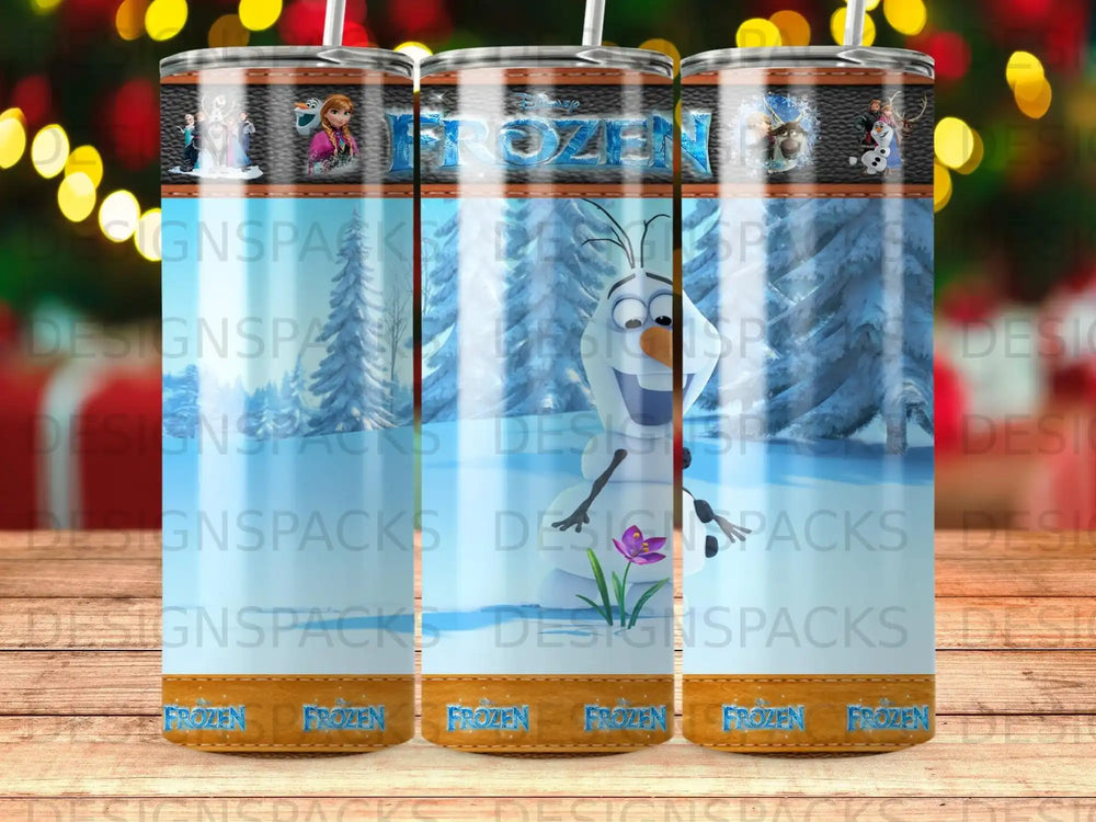 Frozen characters Olaf, Anna, and Elsa on a tumbler with a winter forest background.
