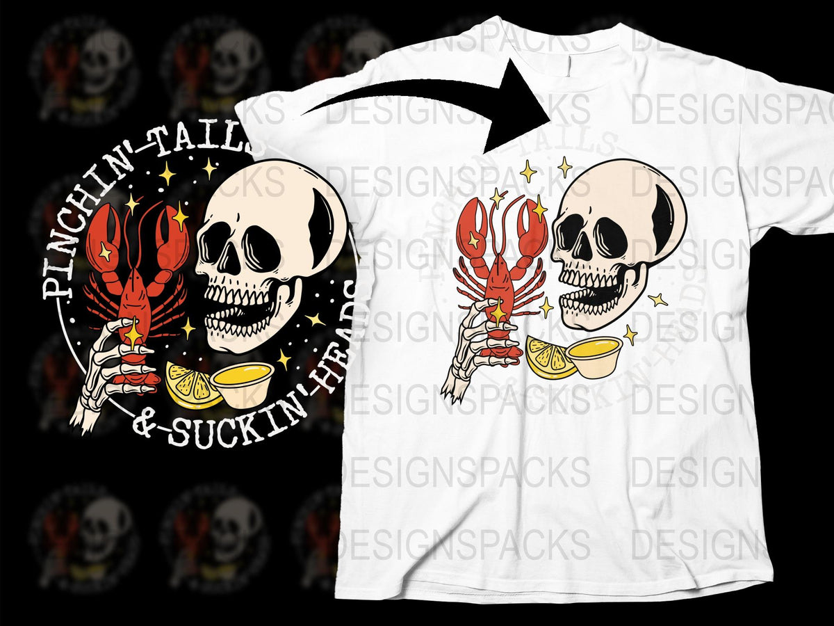 Skull and Lobster Graphic T-Shirt, Pinchin' Tails and Suckin' Heads Tee, Unisex White Cotton Shirt, Summer BBQ Party Apparel