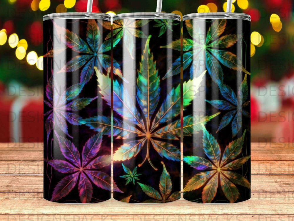Cannabis leaves in vibrant colors pattern on a black background.