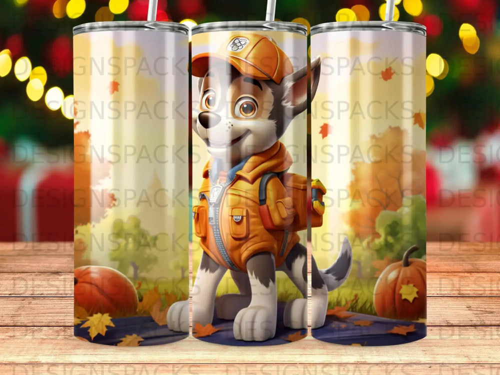 Chase from Paw Patrol wearing a uniform, holding an orange pumpkin, autumn background.
