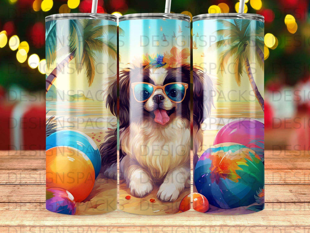 Dog wearing sunglasses sits by colorful beach balls on a tropical background.