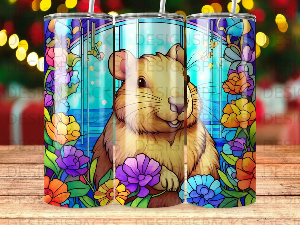 Beaver surrounded by colorful stained-glass flowers and windows.