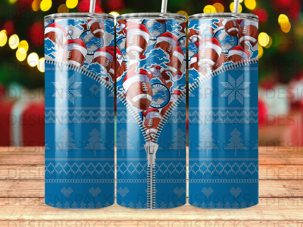 Detroit Lions football stadium zipper design on tumbler with snowflake pattern.