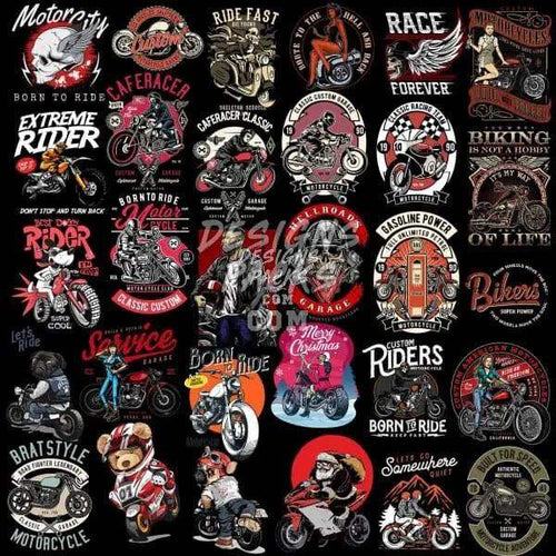 Motorcycle-themed DTF/DTG designs with biker graphics, skulls, and custom text for print-ready apparel