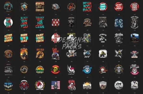 Motorcycle t-shirt designs bundle with biker quotes, skulls, and vintage graphics for DTG/DTF printing