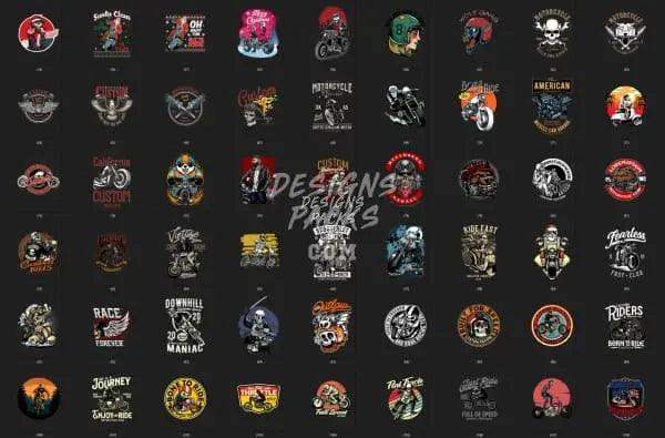 Collection of motorcycle-themed DTF/DTG designs with skulls, bikes, and bold graphics for print-ready use.