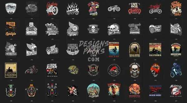 Motorcycle t-shirt designs bundle with skulls, flames, bikes, and retro graphics for DTF, DTG, embroidery