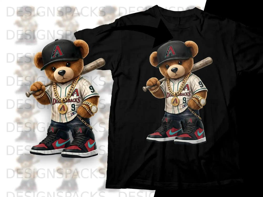 Teddy bear wearing baseball uniform and cap, holding a bat, on black t-shirt.