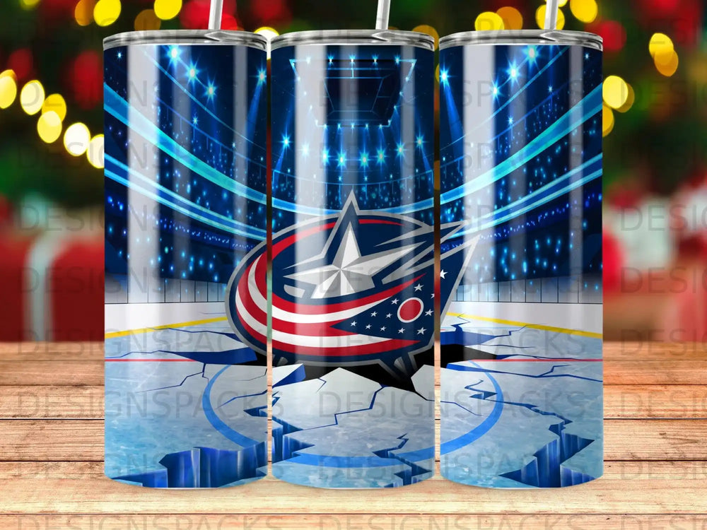Columbus Blue Jackets logo on cracked ice rink background with stadium lights.