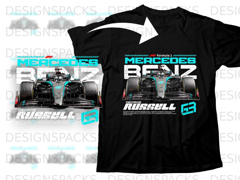 Black t-shirt with Mercedes-Benz Formula 1 George Russell driver graphic.
